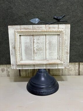 Source Unknown Distressed White Frame on Gray Pedestal with Bird Accent